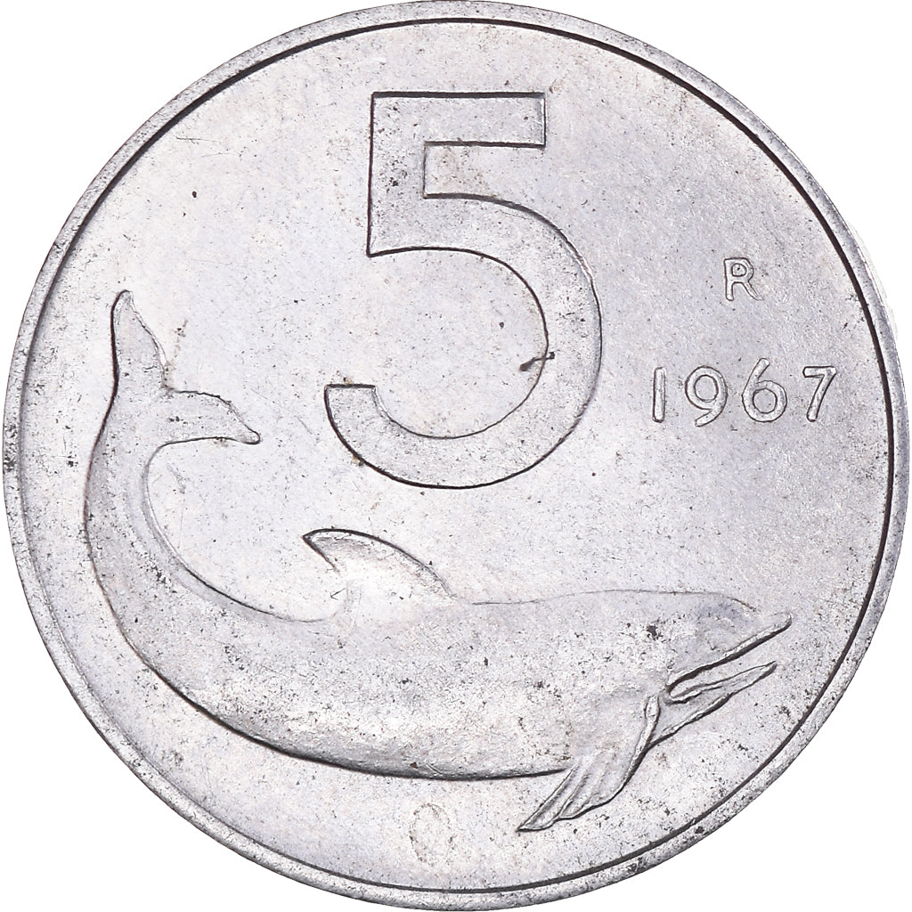 Munten, Italië, 5 Lire, 1967, Rome, ZF+, Aluminium, KM:92