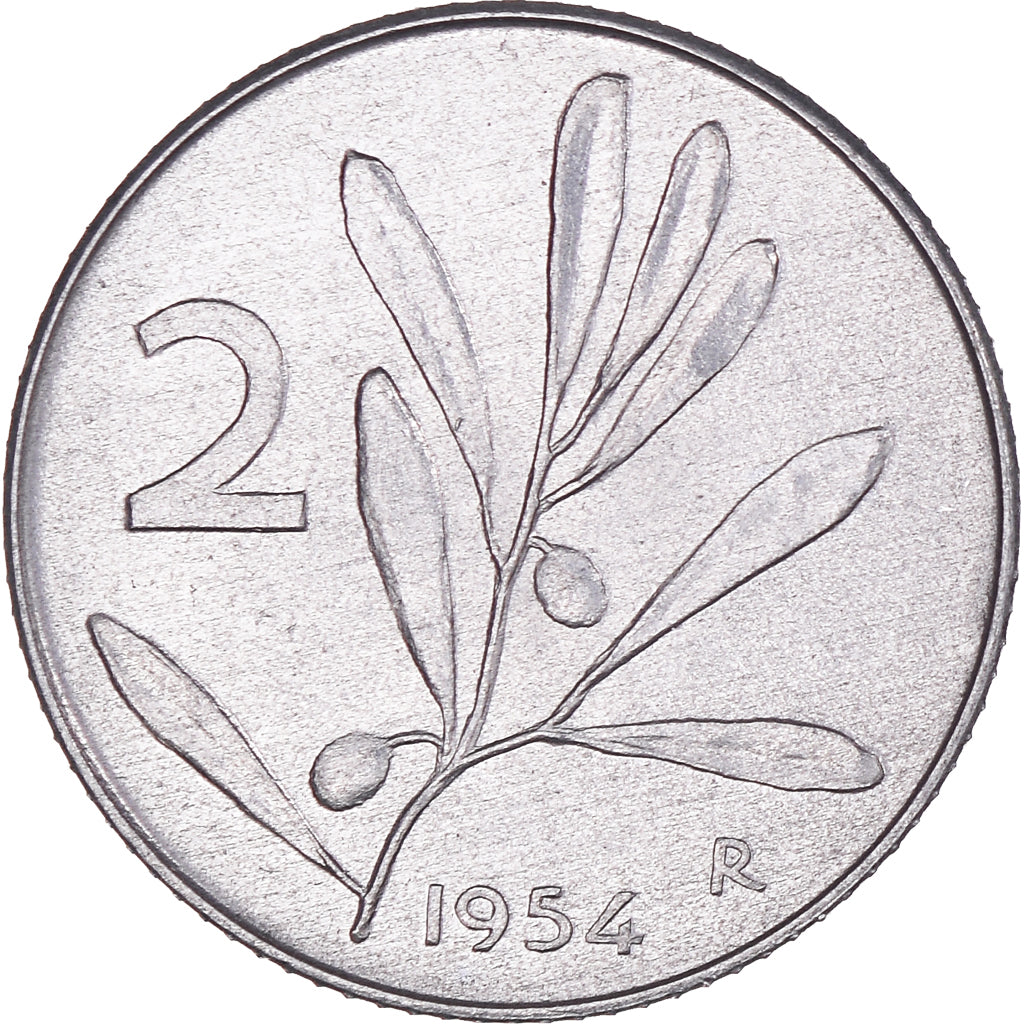 Coin, Italy, 2 Lire, 1954, Rome, AU(50-53), Aluminum, KM:91