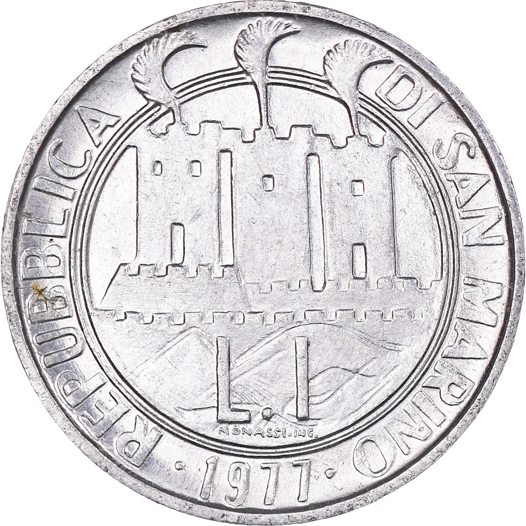 Moeda, San Marino, Lira, 1977, FAO, EF(40-45), Alumínio, KM:63