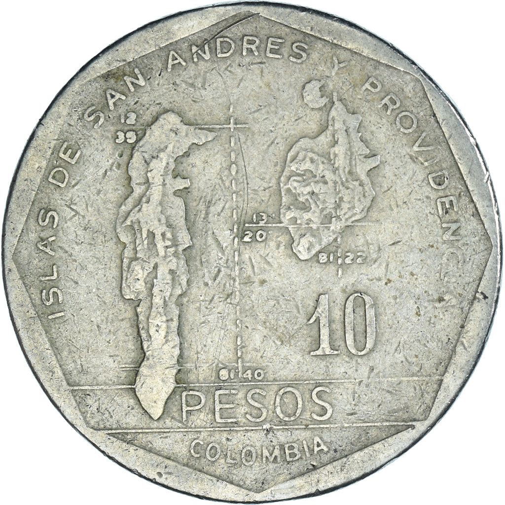 Moneta, Colombia, 10 Pesos, 1981, MB, Nickel brass, KM:270