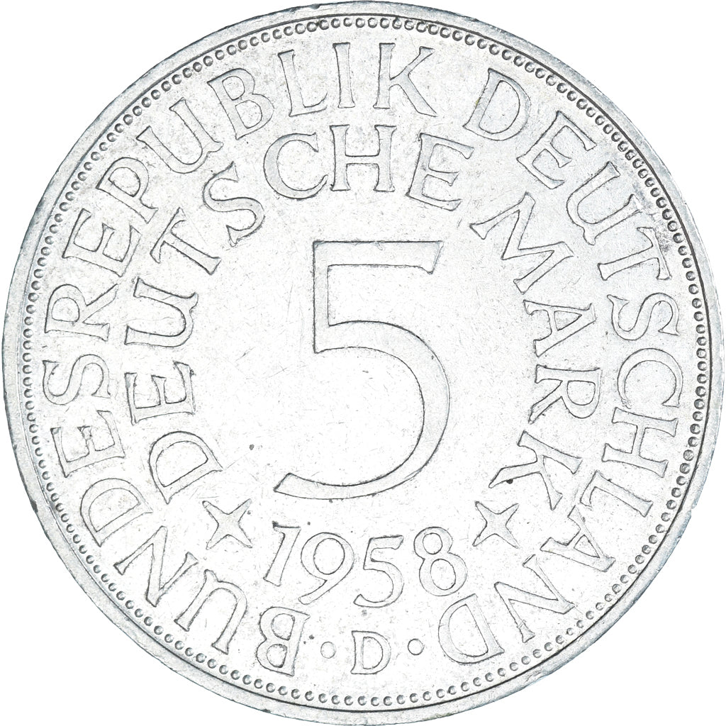 Coin, GERMANY - FEDERAL REPUBLIC, 5 Mark, 1958, Munich, EF(40-45), Silver