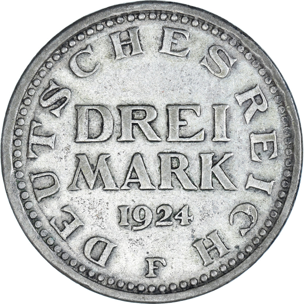 Coin, GERMANY, WEIMAR REPUBLIC, 3 Mark, 1924, Stuttgart, AU(50-53), Silver