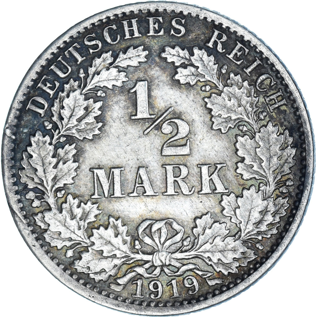 Coin, GERMANY - EMPIRE, 1/2 Mark, 1919, Hambourg, AU(50-53), Silver, KM:17