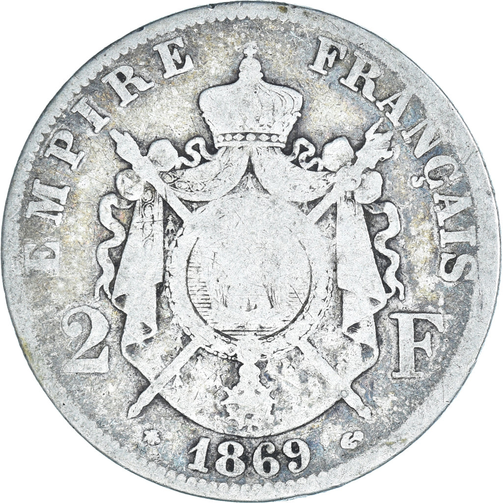 Munten, Frankrijk, Napoleon III, 2 Francs, 1869, Paris, ZG+, Zilver, KM:807.1