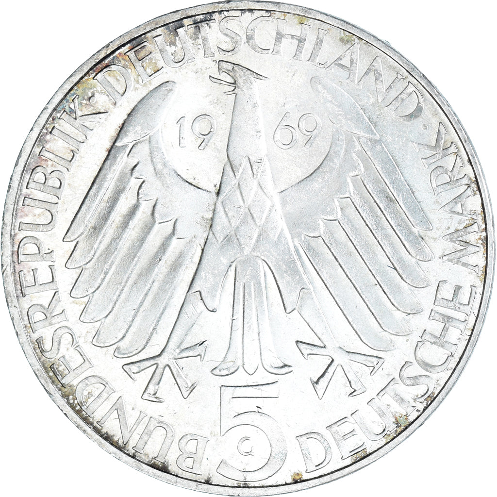 Moneda, ALEMANIA - REPÚBLICA FEDERAL, 5 Mark, 1969, Karlsruhe, Germany, 150th