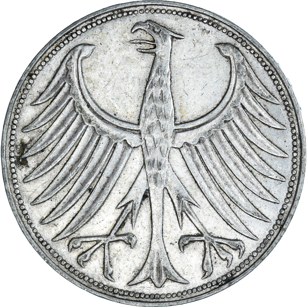 Coin, GERMANY - FEDERAL REPUBLIC, 5 Mark, 1957, Stuttgart, EF(40-45), Silver