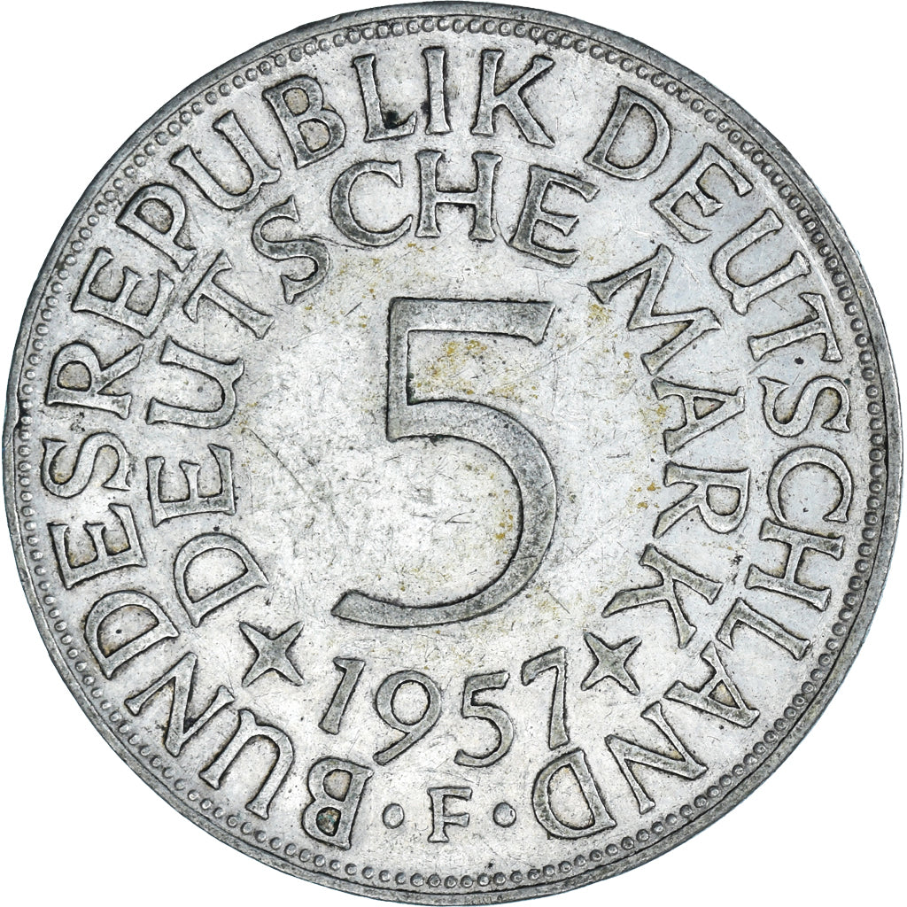 Coin, GERMANY - FEDERAL REPUBLIC, 5 Mark, 1957, Stuttgart, EF(40-45), Silver