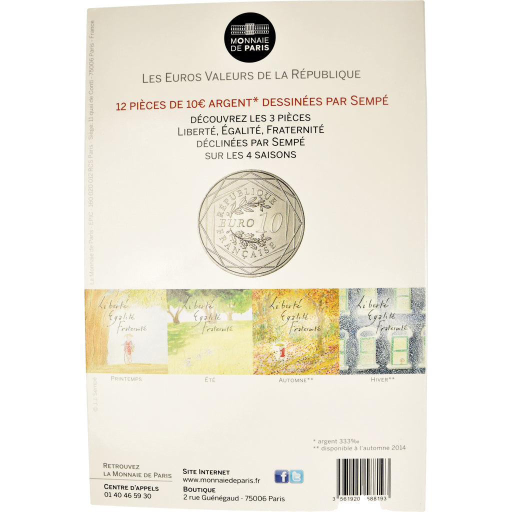 Francia, Monnaie de Paris, 10 Euro, 2014, SEMPÉ - FRATERNITÉ, FDC, Plata
