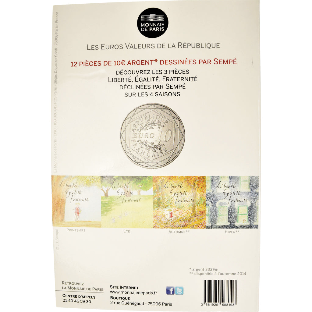 Francia, Sempé - Fraternité, 10 Euro, 2014, SEMPÉ - FRATERNITÉ, FDC, Plata