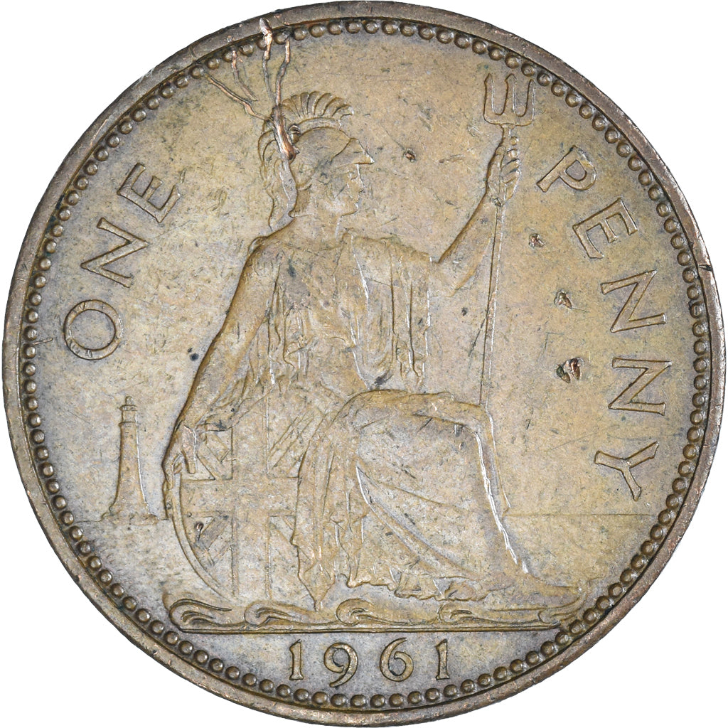 Moneda, Gran Bretaña, Elizabeth II, Penny, 1961, BC+, Bronce, KM:897