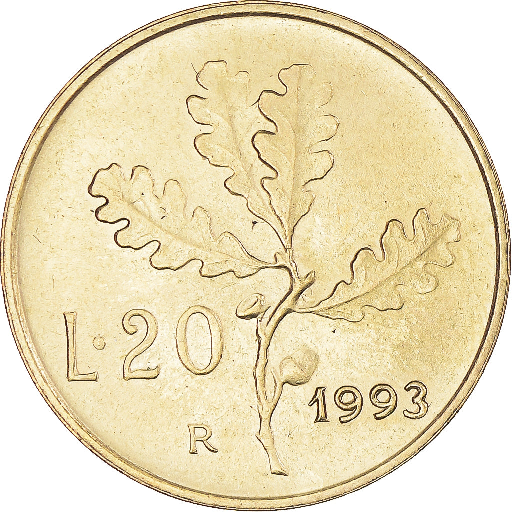 Coin, Italy, 20 Lire, 1993, Rome, AU(50-53), Aluminum-Bronze, KM:97.2