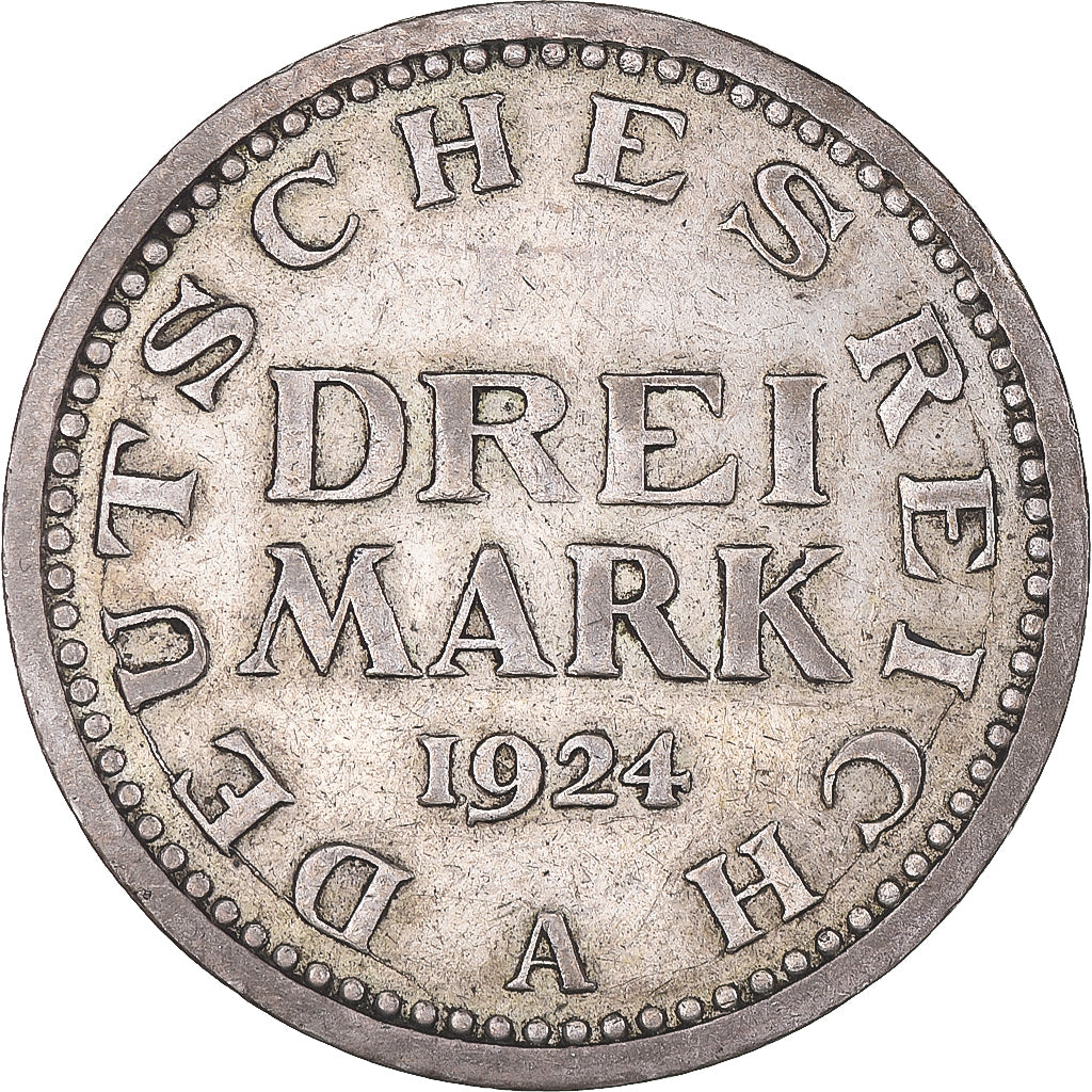 Coin, GERMANY, WEIMAR REPUBLIC, 3 Mark, 1924, Berlin, EF(40-45), Silver, KM:43