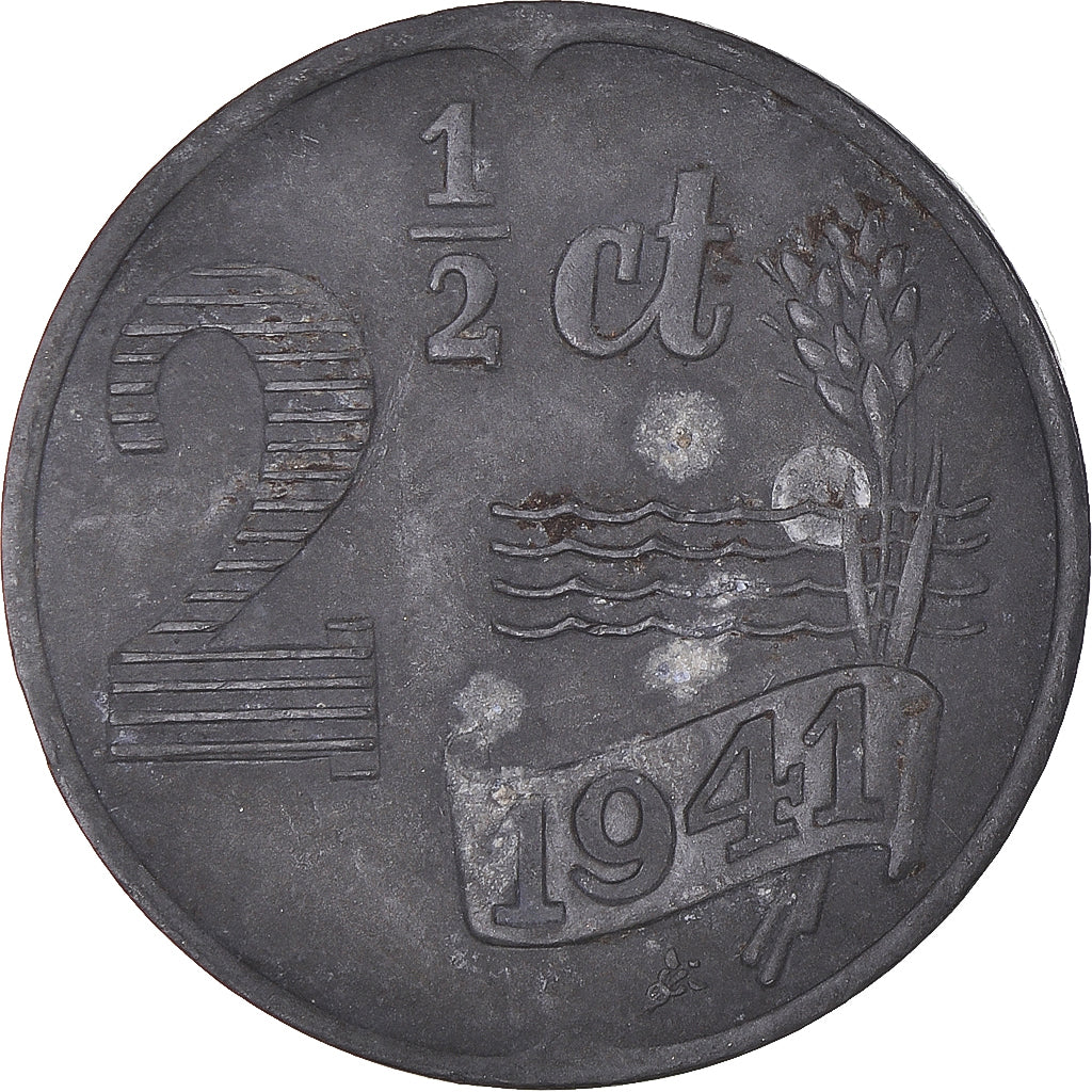 Coin, Netherlands, Wilhelmina I, 2-1/2 Cent, 1941, AU(50-53), Zinc, KM:171