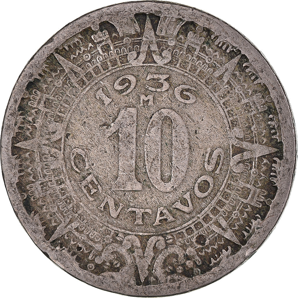 Moneda, México, 10 Centavos, 1936, Mexico City, BC, Cobre - níquel, KM:432