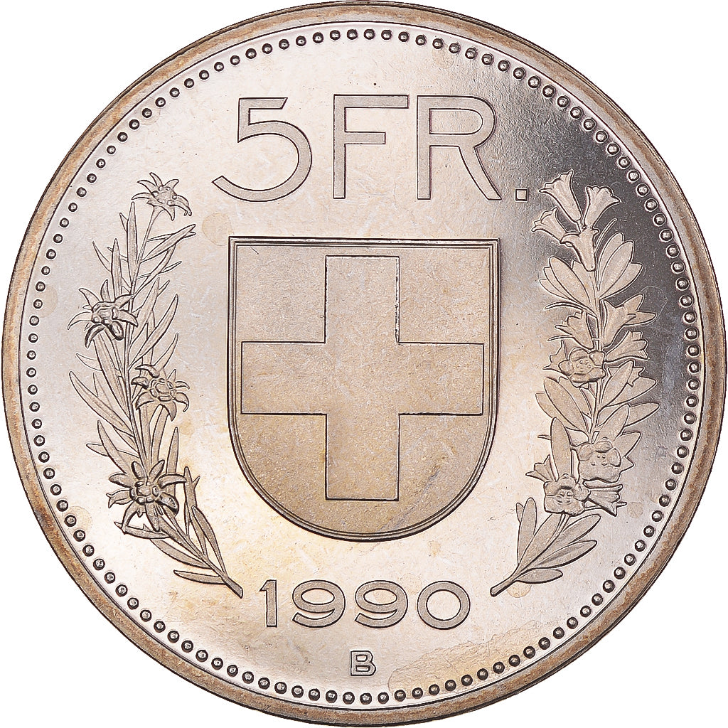 Coin, Switzerland, 5 Francs, 1990, Bern, FDC.BE, MS(65-70), Copper-nickel