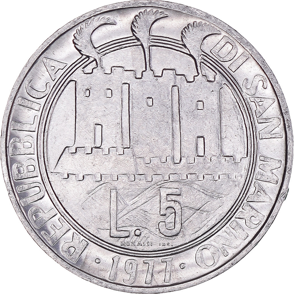 Münze, San Marino, 5 Lire, 1977, VZ, Aluminium, KM:65