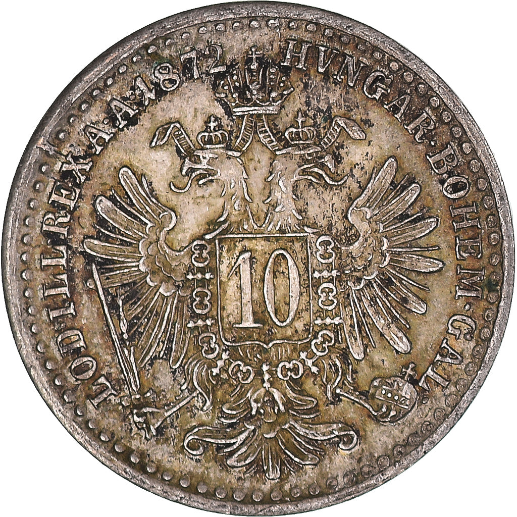 Moeda, Áustria, Franz Joseph I, 10 Kreuzer, 1872, AU(50-53), Prata, KM:2206