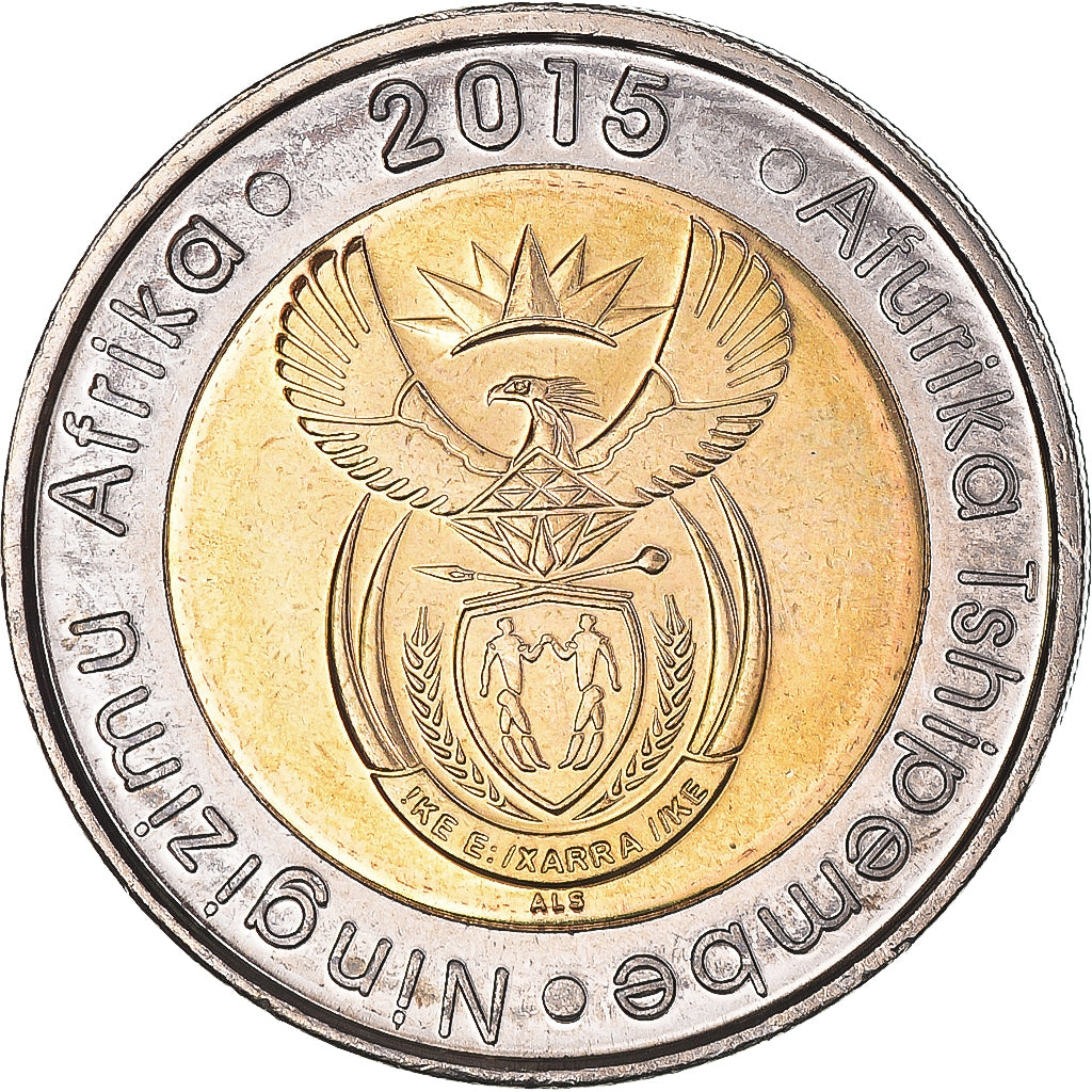Moneda, Sudáfrica, 5 Rand, 2015, Afrika Dzonga, FDC, Bimetálico, KM:297