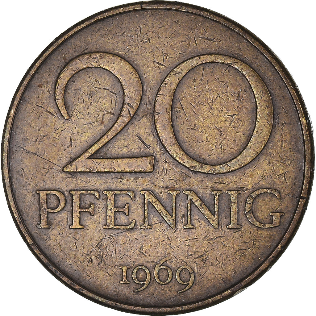 Coin, GERMAN-DEMOCRATIC REPUBLIC, 20 Pfennig, 1969, Berlin, VF(30-35), Brass