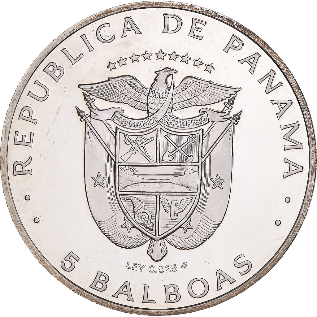 Moneta, Panama, 5 Balboas, 1975, U.S. Mint, BE, SPL-, Argento, KM:40.1a