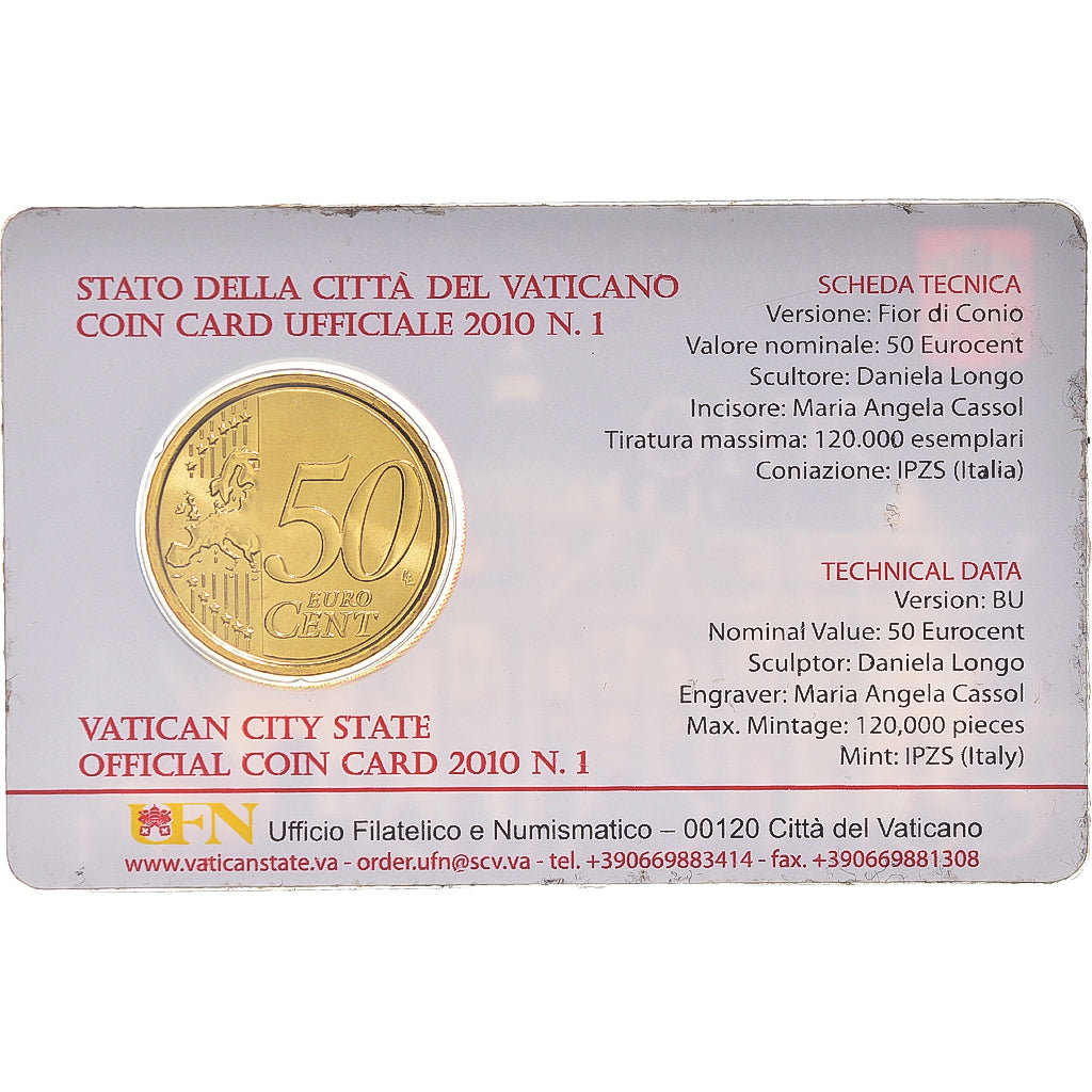 CITTÀ DEL VATICANO, 50 Euro Cent, 2010, Rome, Coin Card. BU, FDC, Ottone