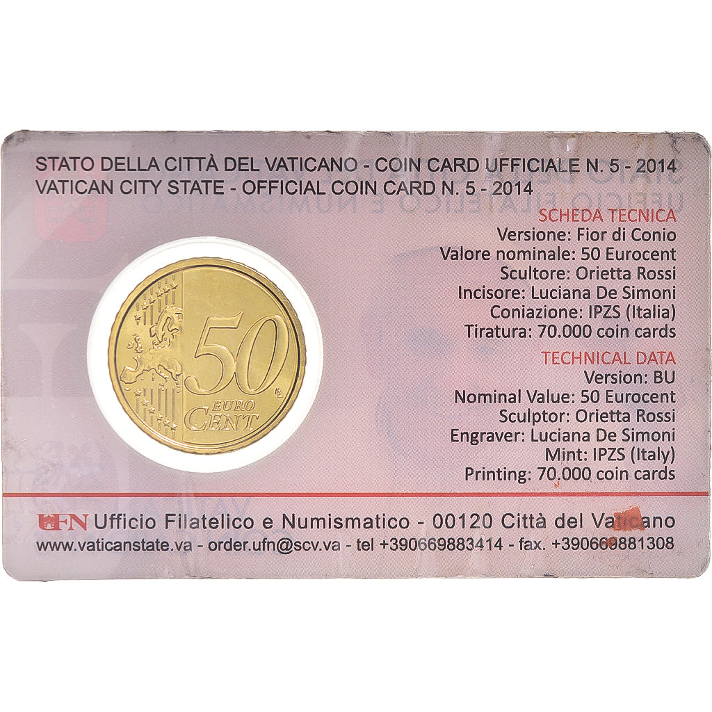 Vatikanstadt, 50 Euro Cent, 2014, Rome, Coin Card. BU, STGL, Messing