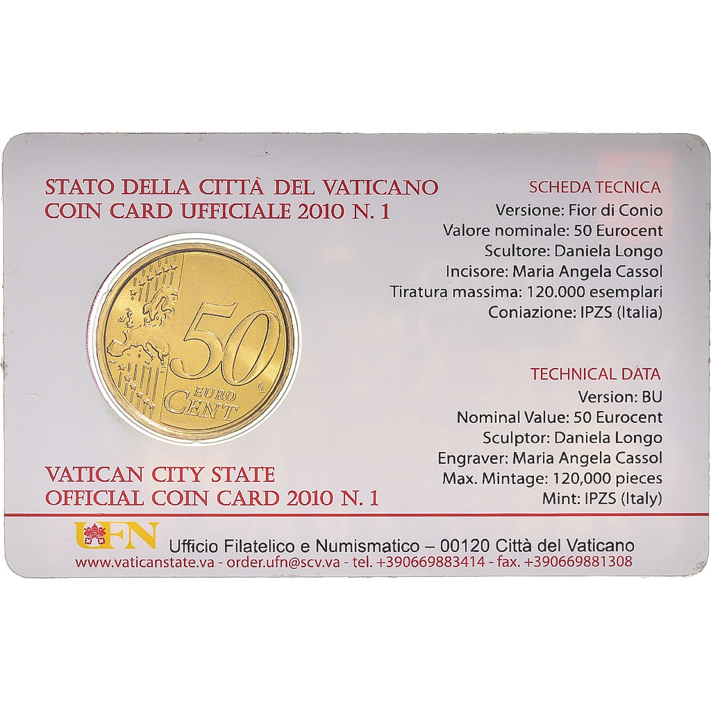 CITTÀ DEL VATICANO, 50 Euro Cent, 2010, Rome, Coin card, FDC, Ottone