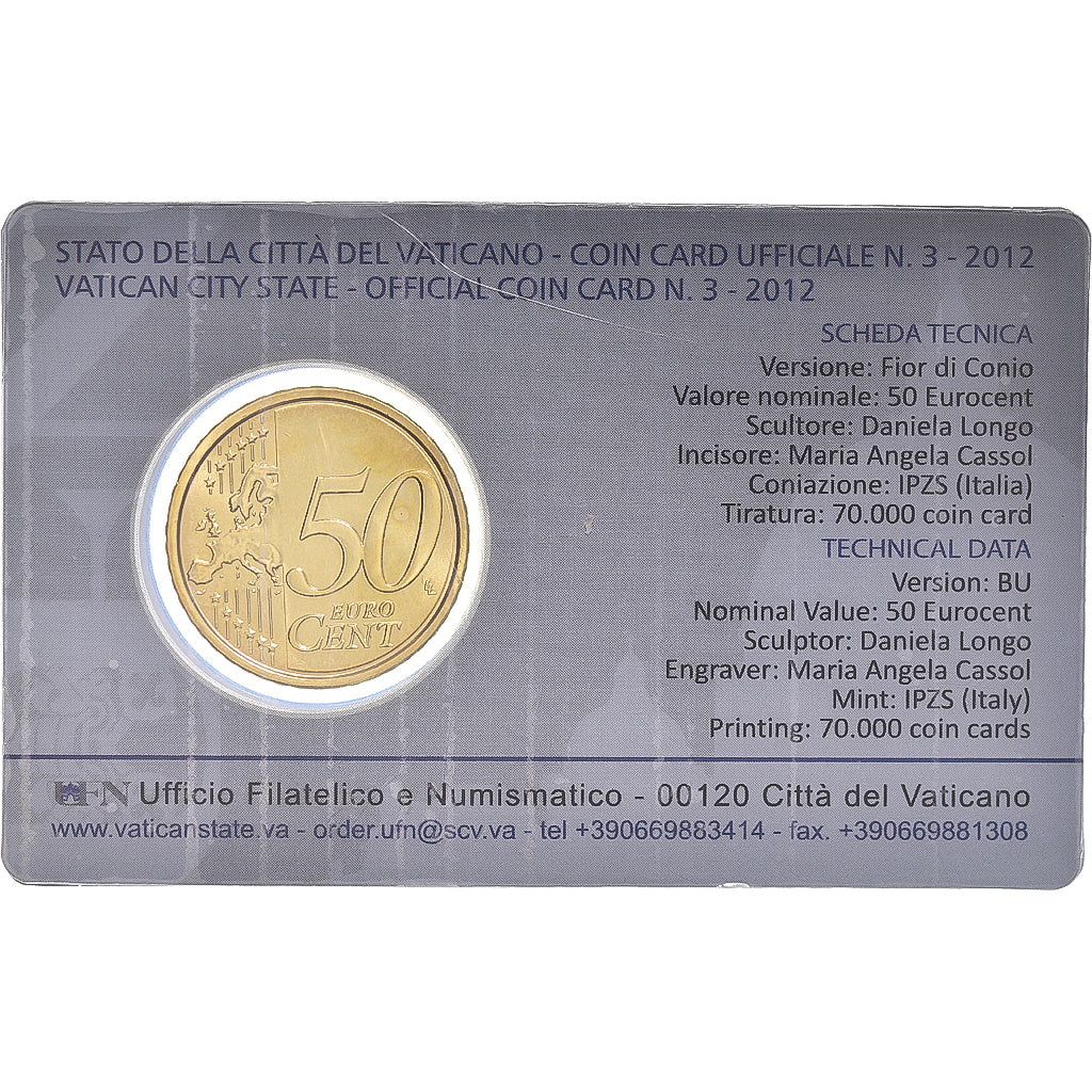 Cité du Vatican, 50 Euro Cent, 2012, Rome, Coin card, FDC, Laiton