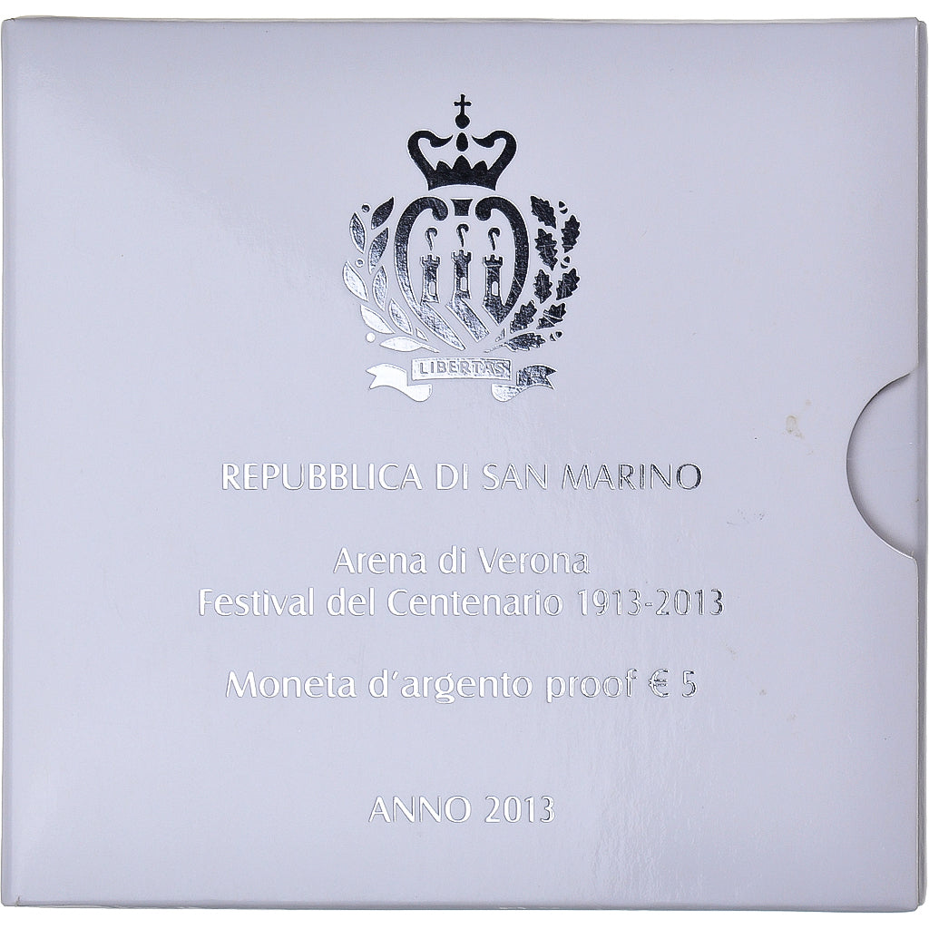 San Marino, 5 Euro, 2013, Rome, Arena di Verona, FDC BE, FDC, Plata