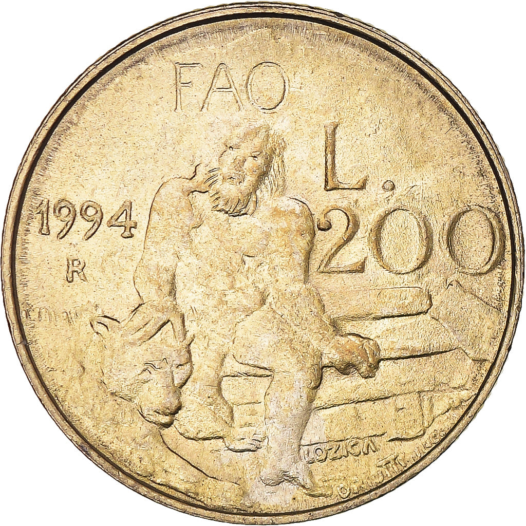 Moeda, San Marino, 200 Lire, 1994, Rome, F.A.O., AU(50-53), Alumínio-Bronze