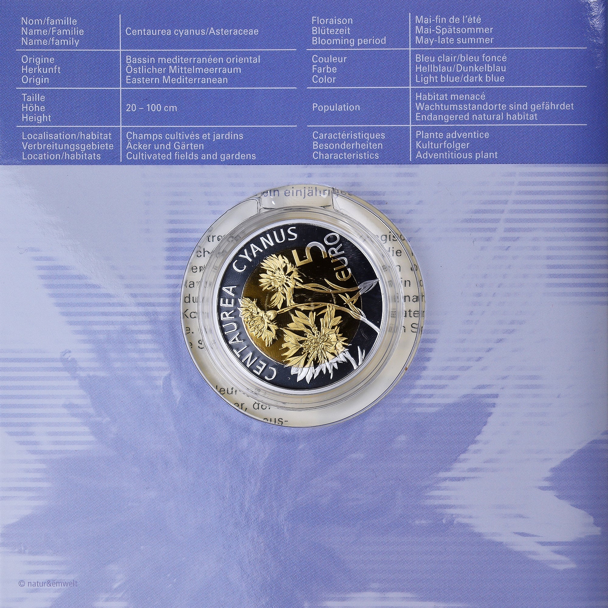 Luxemburg, 5 Euro, 2016, Bleuet Centaurea Cyanus.FDC BE, STGL, Silver & Nordic