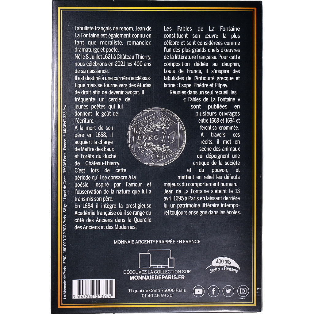France, 10 Euro, 2021, Monnaie de Paris, Jean de la Fontaine.BU, MS(65-70)