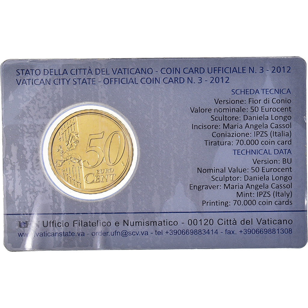 VATICAN CITY, 50 Euro Cent, 2012, Rome, Coin card, MS(65-70), Brass