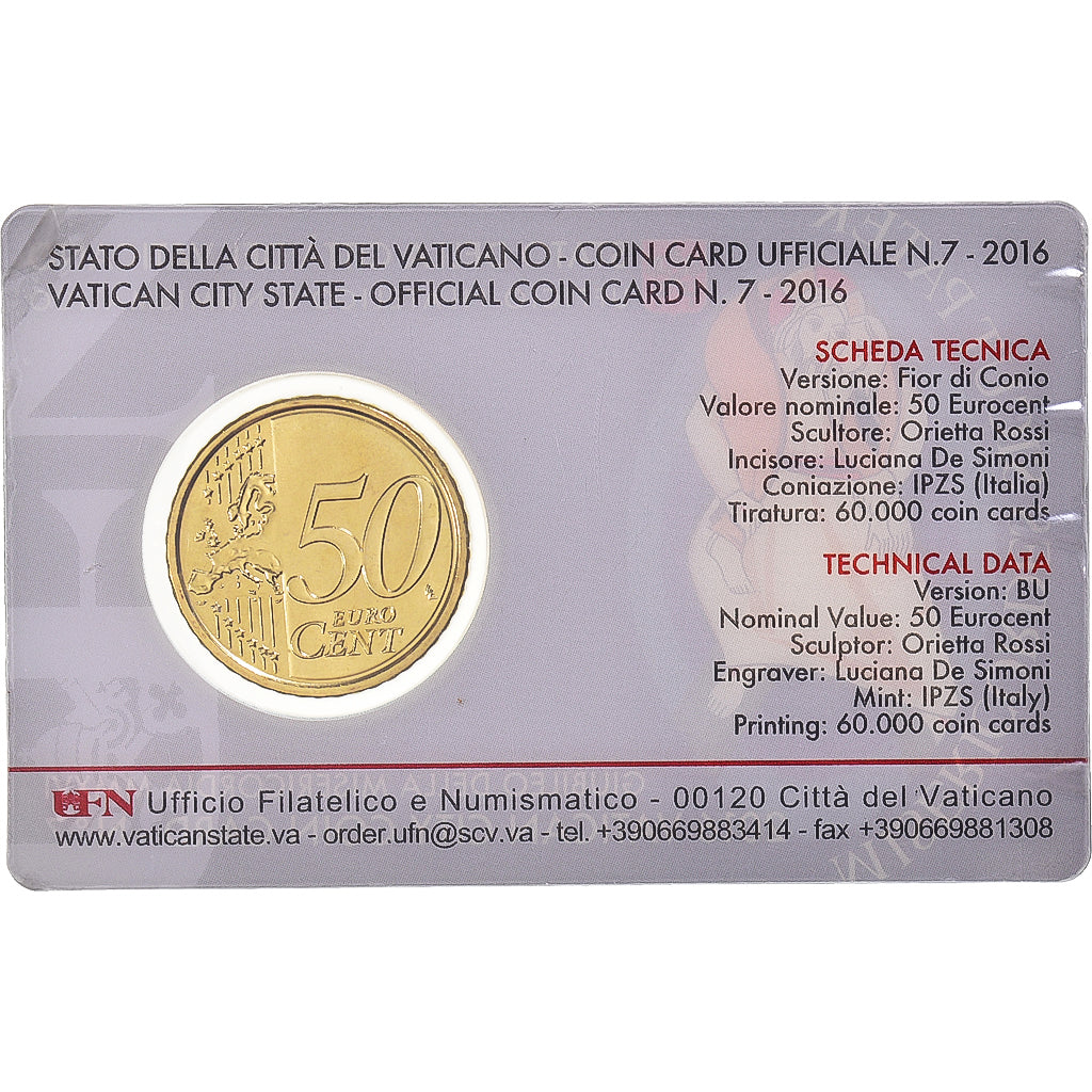 VATICAN CITY, 50 Euro Cent, 2016, Rome, Coin card, MS(65-70), Brass