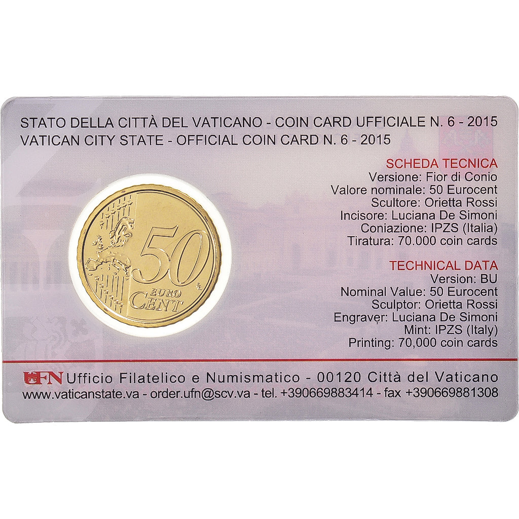 VATICAN CITY, 50 Euro Cent, 2015, Rome, Coin card, MS(65-70), Brass