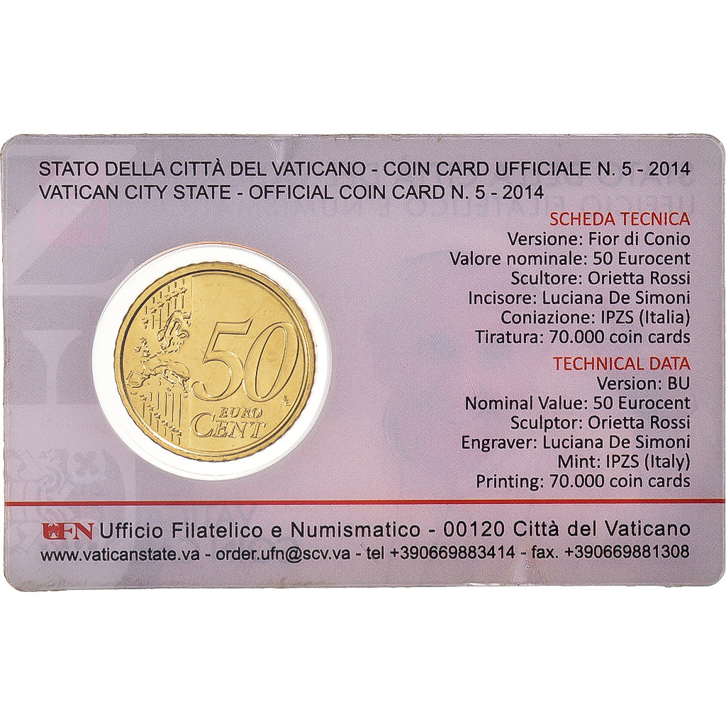 VATICAN CITY, 50 Euro Cent, 2014, Rome, Coin card.FDC, MS(65-70), laiton