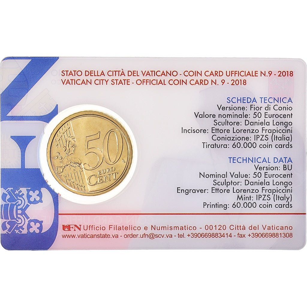 VATICAN CITY, 50 Euro Cent, 2018, Rome, Coin card n°9.FDC, MS(65-70), laiton