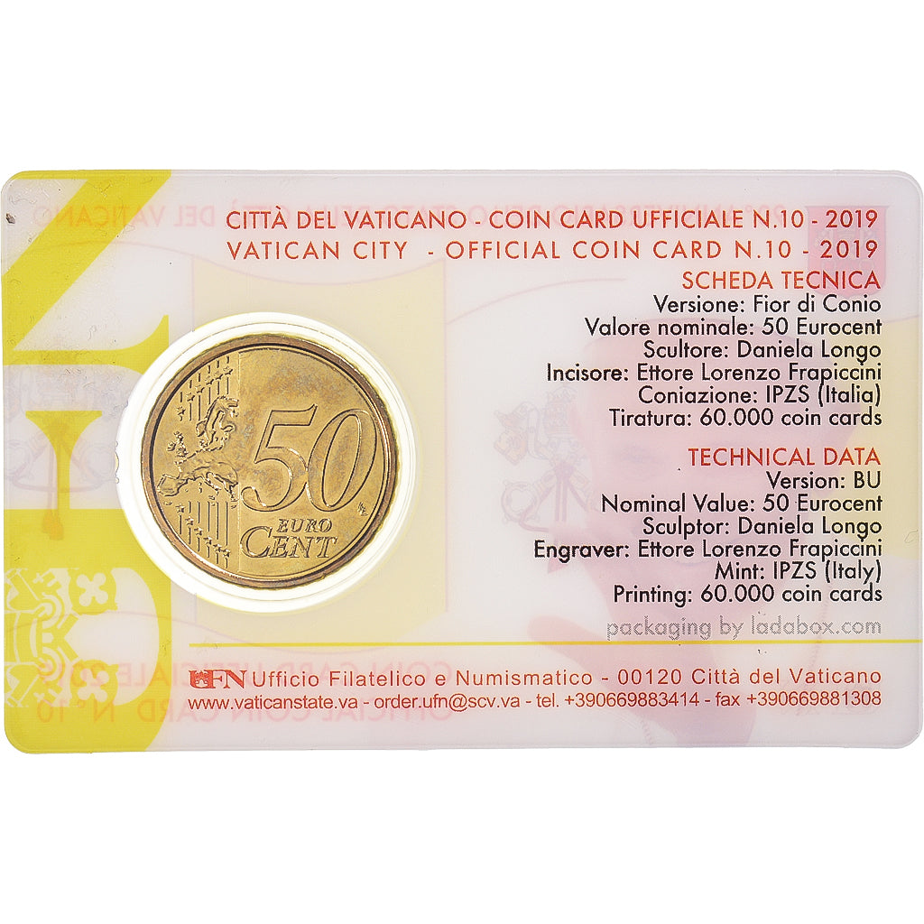 VATICAN CITY, 50 Euro Cent, 2019, Rome, Coin card n°10.FDC, MS(65-70), laiton