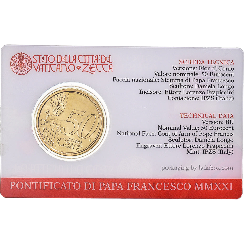 VATICAN CITY, 50 Euro Cent, 2021, Rome, Coin Card.n° 12 FDC, MS(65-70), laiton