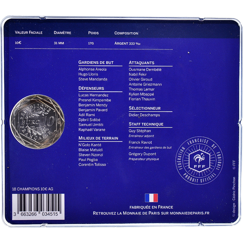 Francia, 10 Euro, 2018, Monnaie de Paris, CHAMPIONS DU MONDE 2018 Pessac, FDC