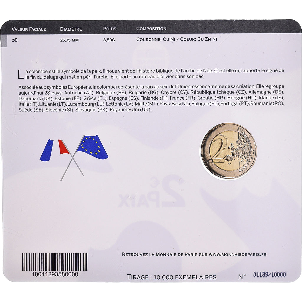 France, 2 Euro, Paix, 2015, Monnaie de Paris, BU, MS(65-70), Bi-Metallic
