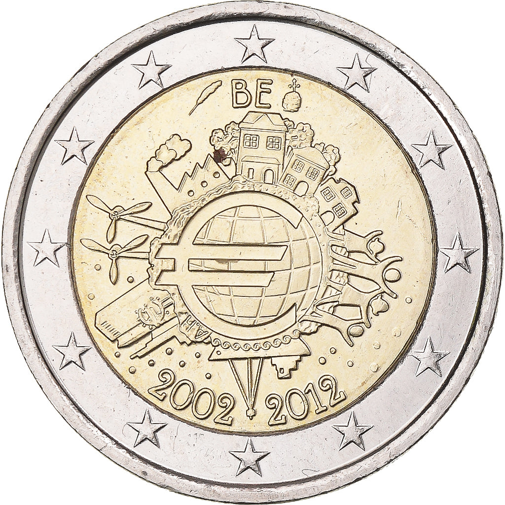 Belgia, 2 Euro, 2012, Royal Belgium Mint, 10 ANS DE L'EURO, MS(63), Bimetaliczny