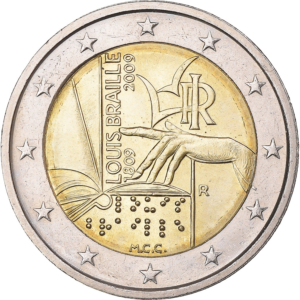 Italy, 2 Euro, 2009, LOUIS BRAILLE., MS(63), Bi-Metallic