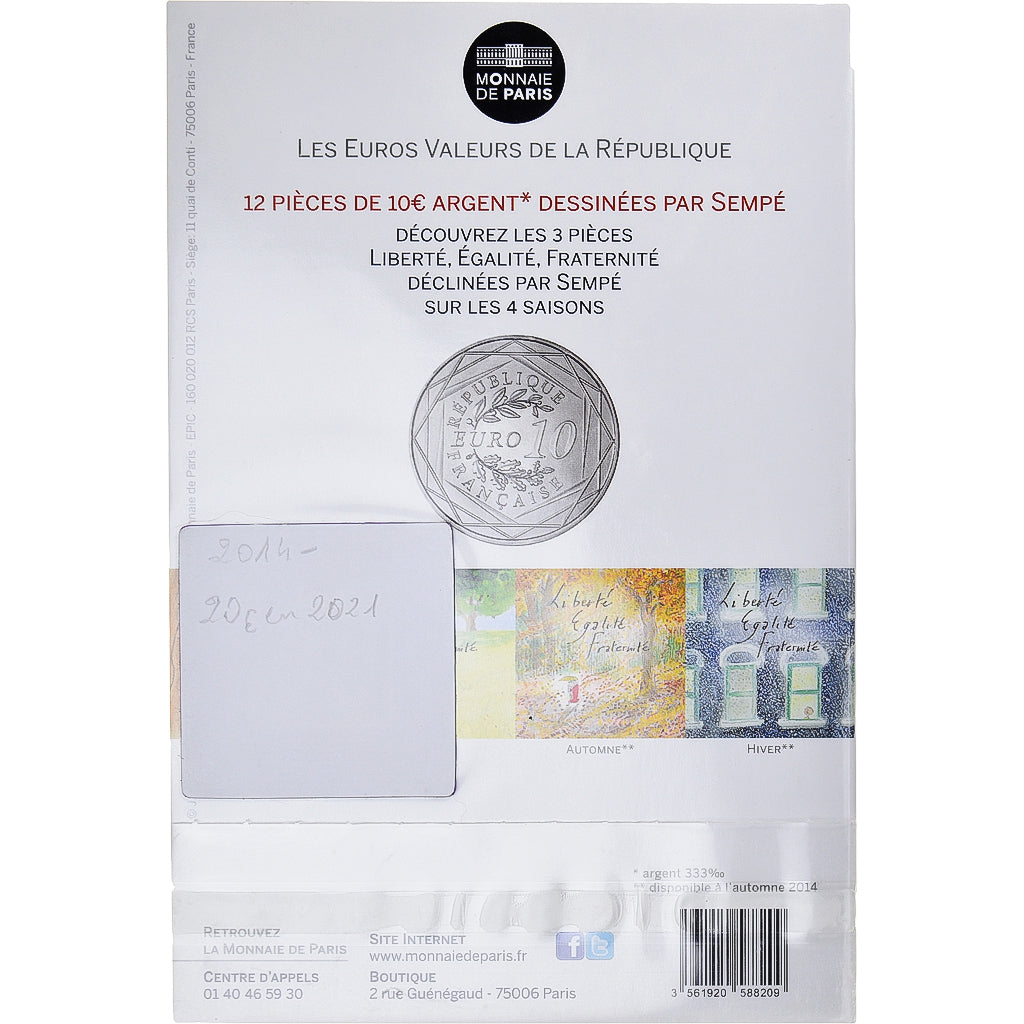 Francia, 10 Euro, 2014, Monnaie de Paris, Fraternité Automne Sempé, FDC, Plata