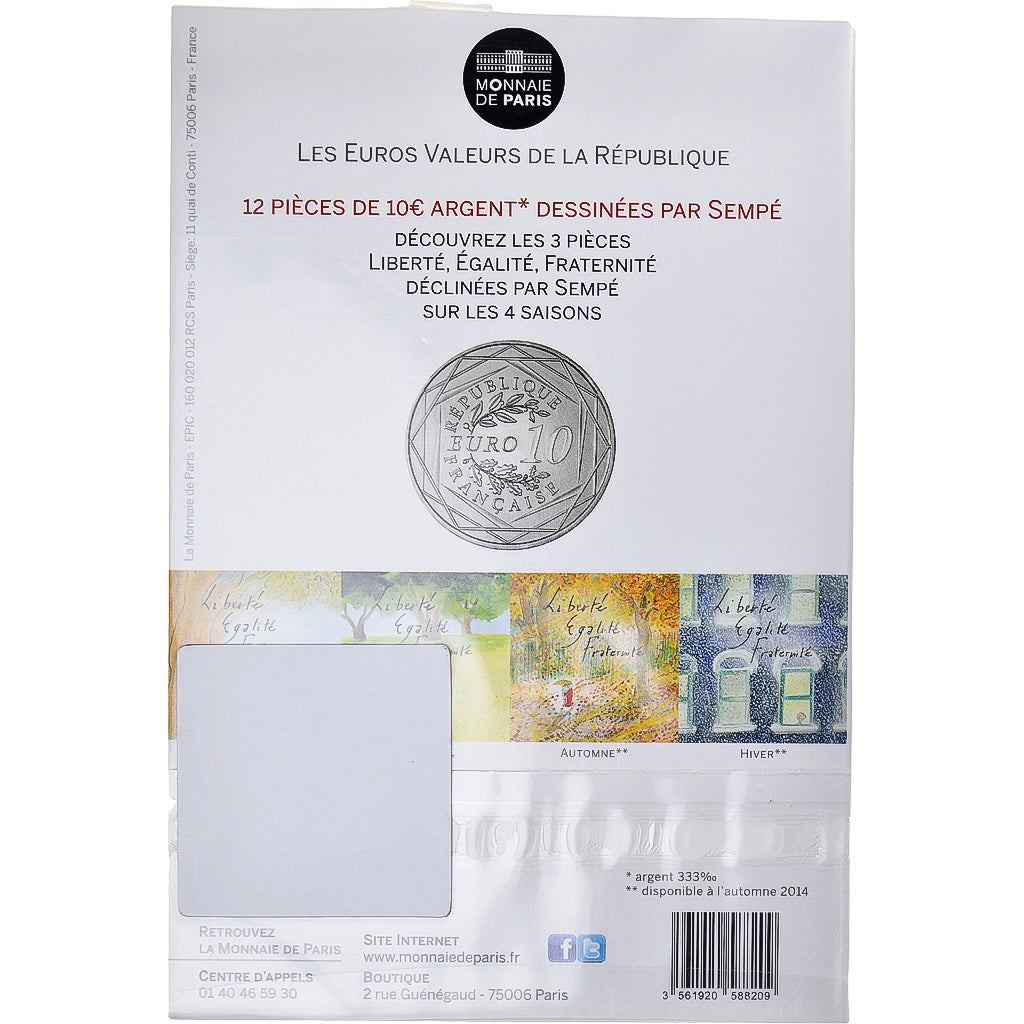 France, 10 Euro, Fraternité Hiver Sempé, 2014, MS(64), Silver, Gadoury:EU719