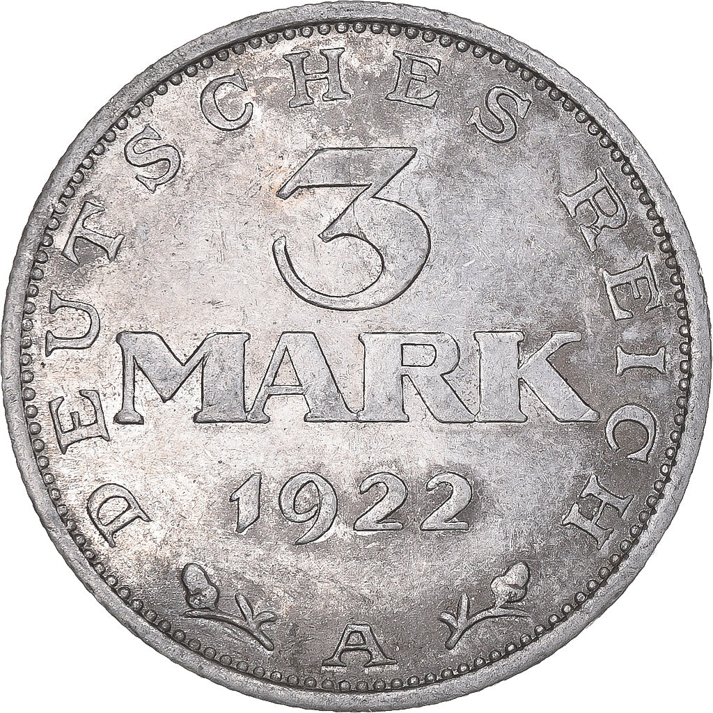 Coin, GERMANY, WEIMAR REPUBLIC, 3 Mark, 1922, Berlin, EF(40-45), Aluminum, KM:29