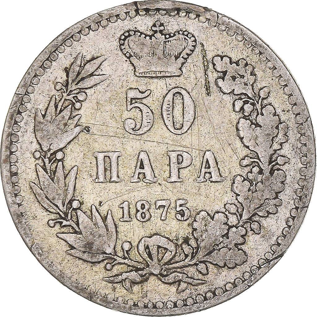 Moneda, Serbia, Milan I, 50 Para, 1875, MBC, Plata, KM:4
