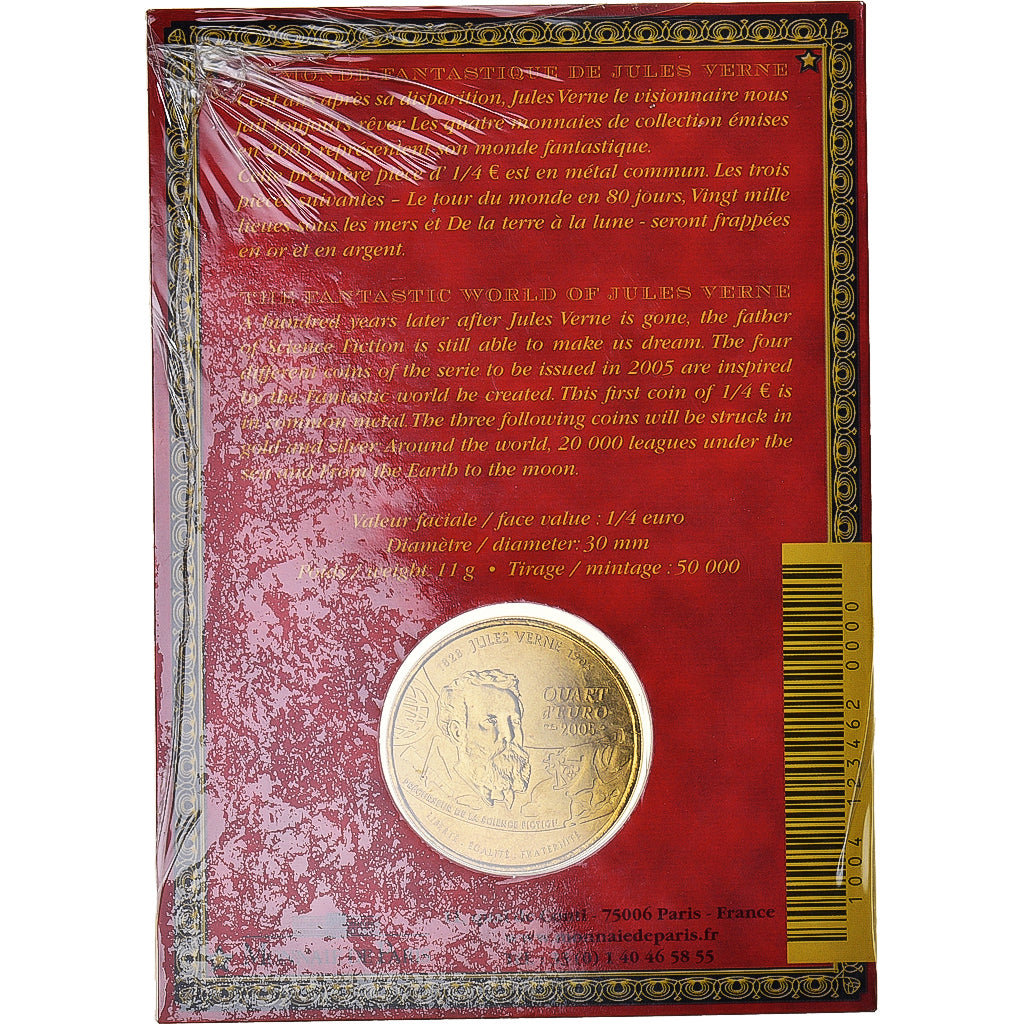 França, 1/4 Euro, 2005, Monnaie de Paris, Jules Verne Ballonfahrt.FDC