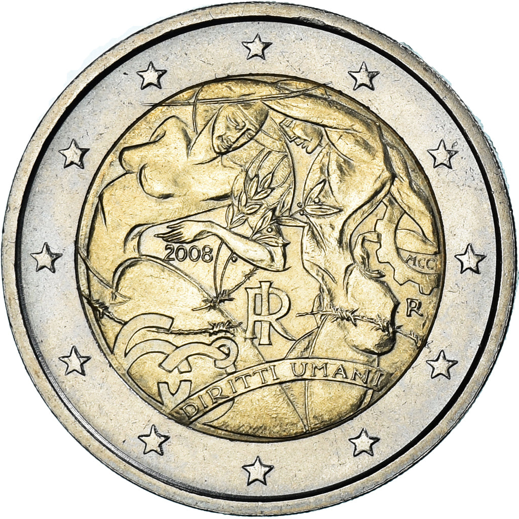 Italy, 2 Euro, 2008, DROITS DE L'HOMME., MS(65-70), Bi-Metallic
