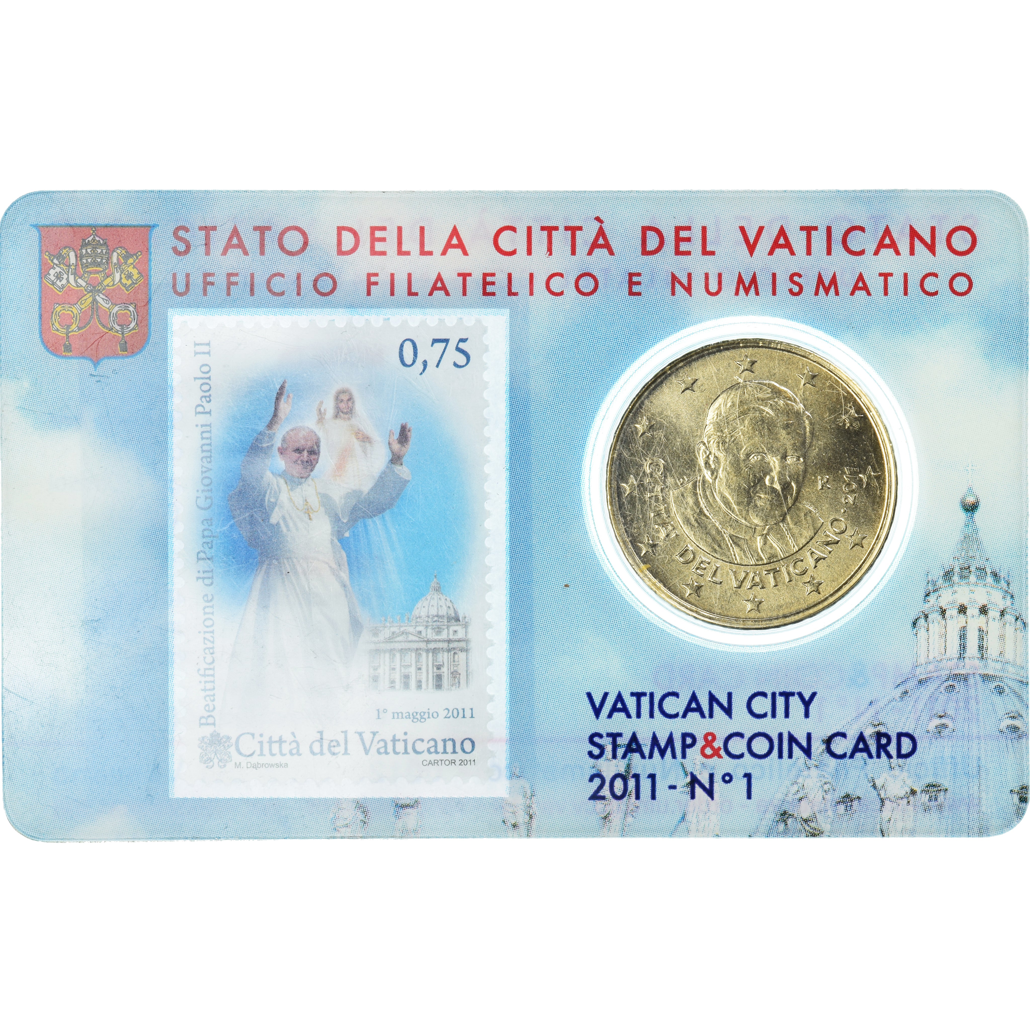 VATICAN CITY, 50 Euro Cent, 2011, Rome, Stamp and coin card, MS(65-70), Brass